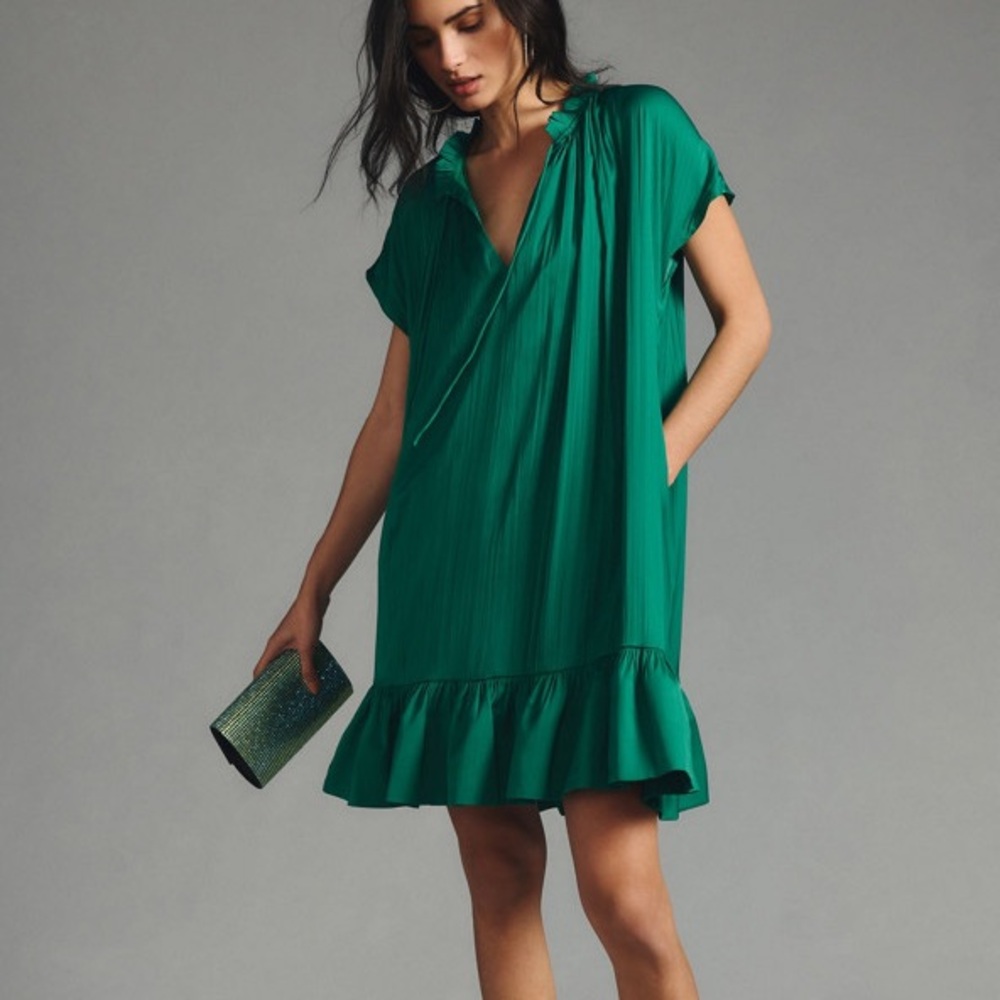 Anthropologie Green Pleated V-Neck Mini Dress Ruffle Hem MP